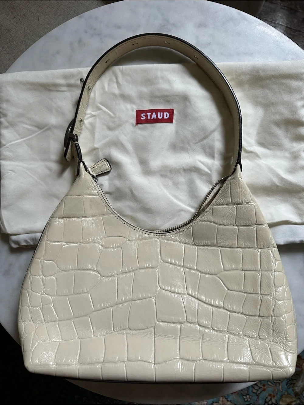 STAUD Croc-Embossed Hobo Bag in Cream